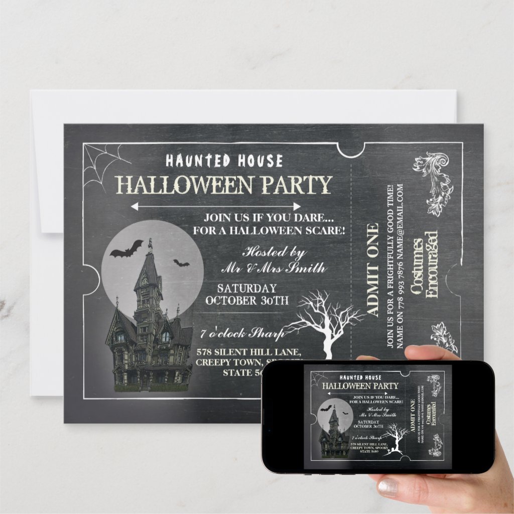 Halloween House Party Invite Horror Chalk Ticket