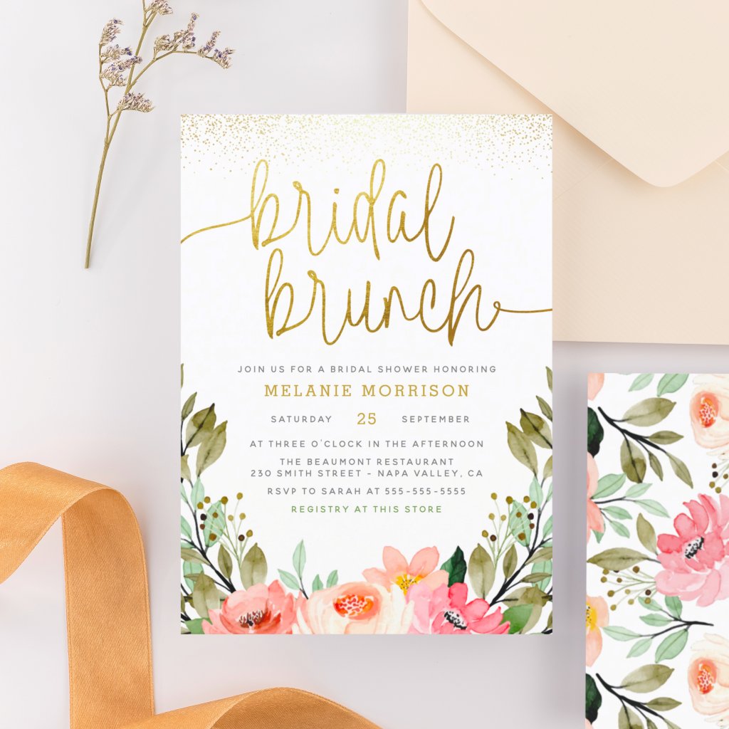 Gold Blush Pink Floral Bridal Brunch Bridal Shower Invitation