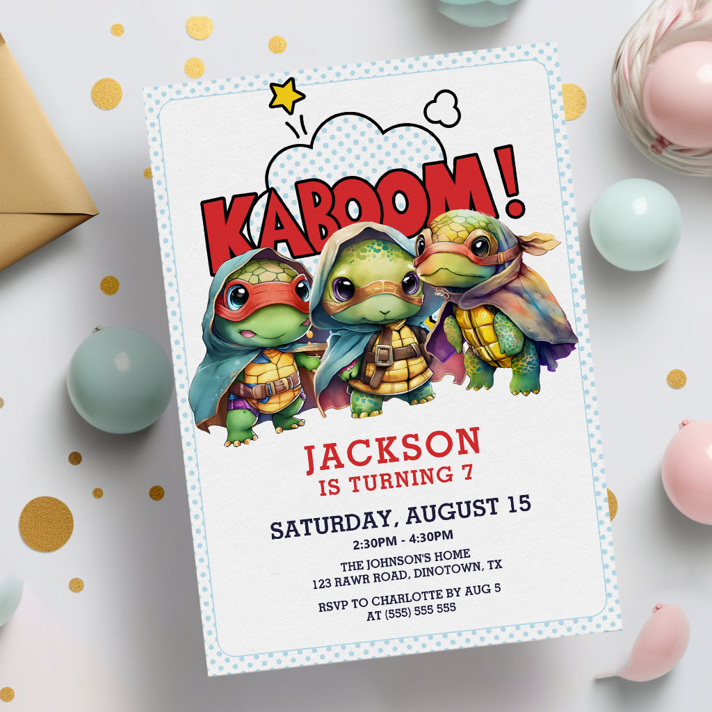 Cute Comic Book Turtles Superhero Boy Birthday Invitation
