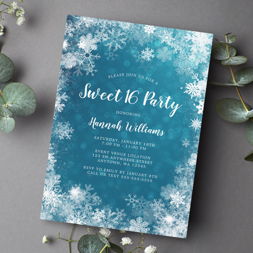 Teal Blue Snowflakes Winter Wonderland Sweet 16 Invitation