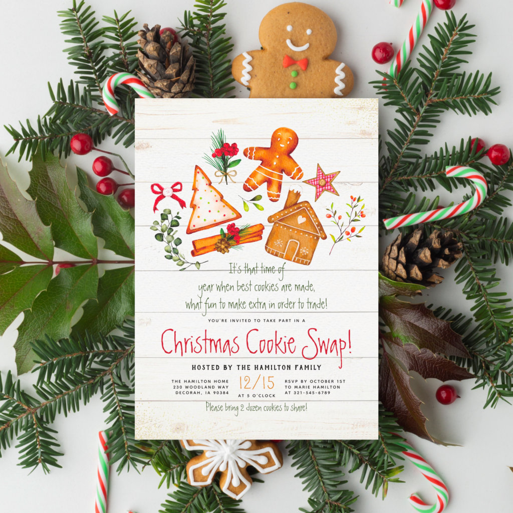 Christmas Cookie Swap Gingerbread & Rustic Wood Invitation