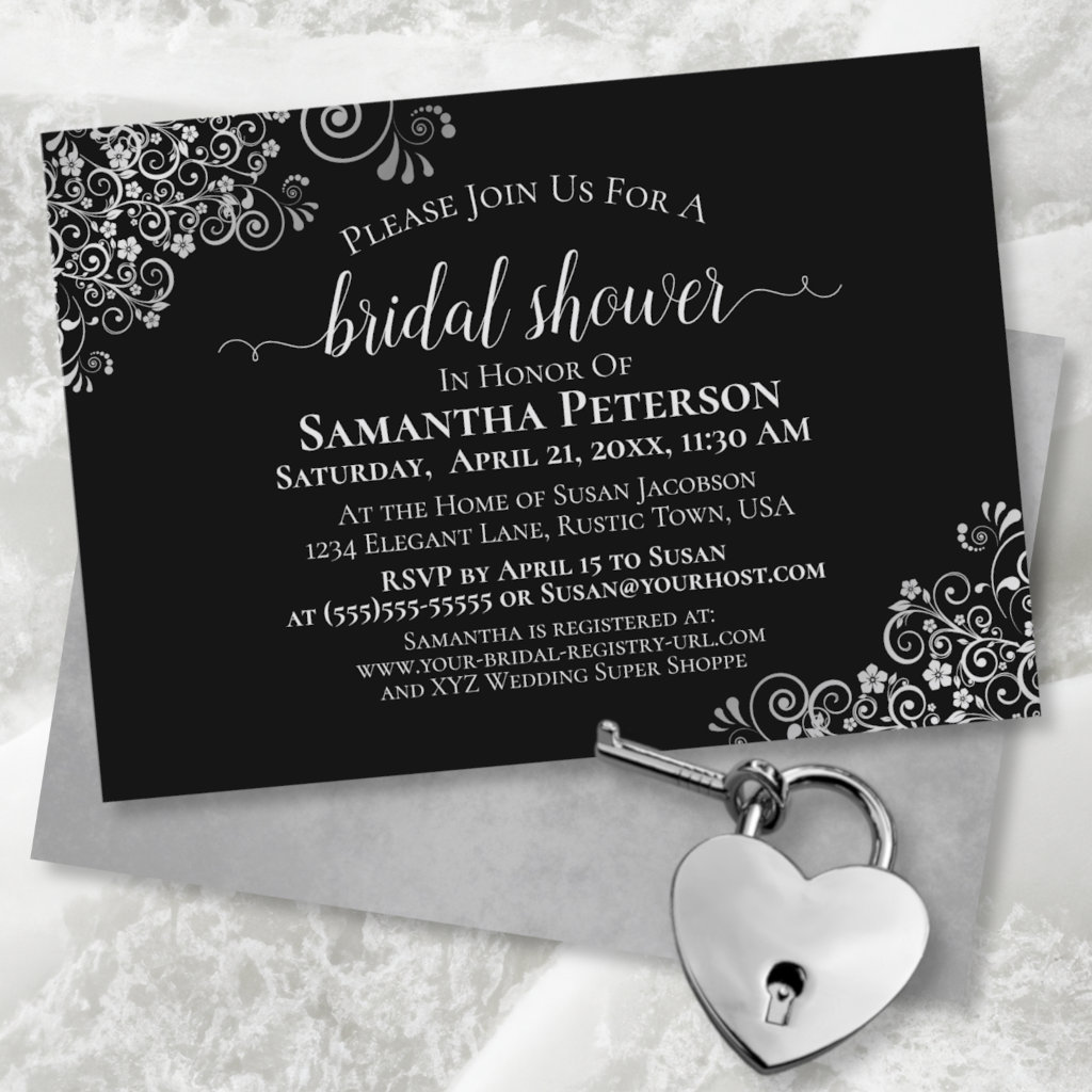 Elegant Lacy Silver on Classic Black Bridal Shower Invitation
