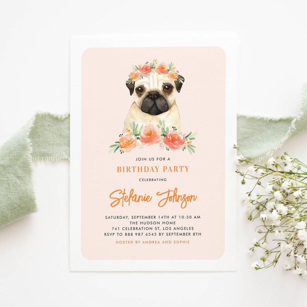 Cute Watercolor Pug Peach Floral Kids Birthday Invitation