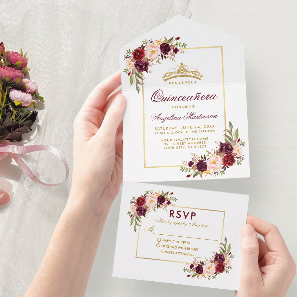 Quinceanera Watercolor Burgundy Floral Gold Crown All In One Invitation
