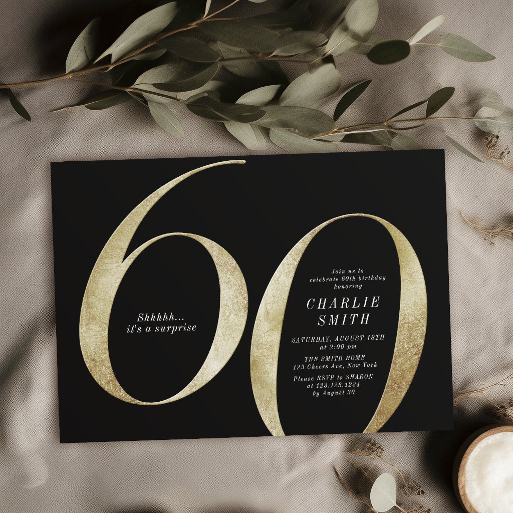 Modern minimalist black and gold 60th birthday invitation