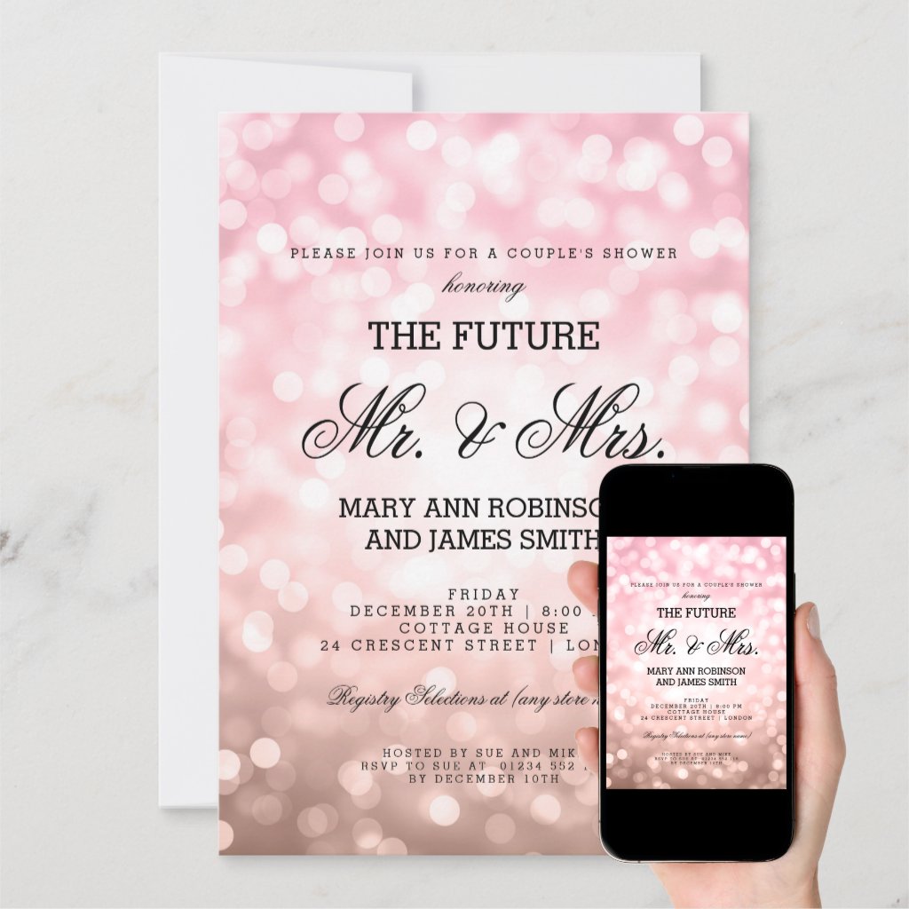Mr Mrs Couples Shower Rose Blush Pink Bokeh Lights Invitation