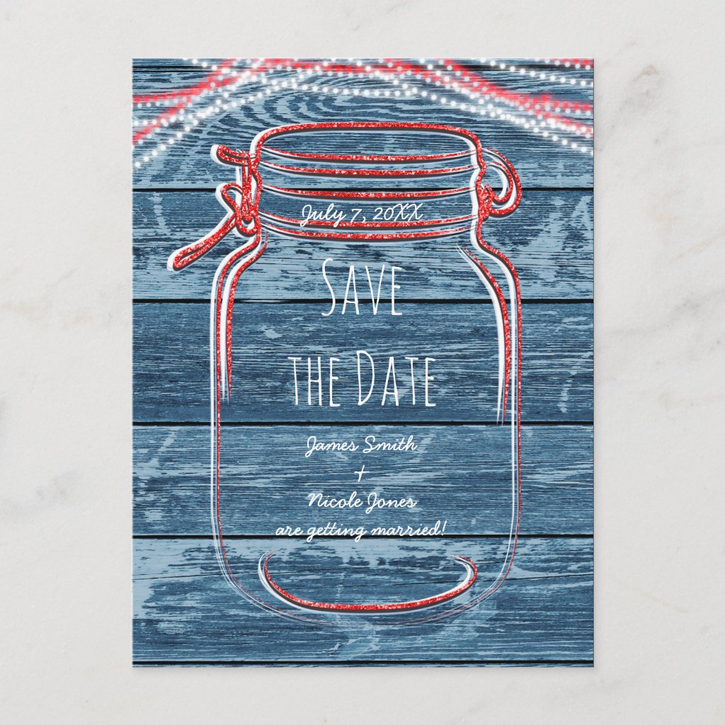 Red White & Blue Mason Jar & Lights Save The Date Announcement Postcard