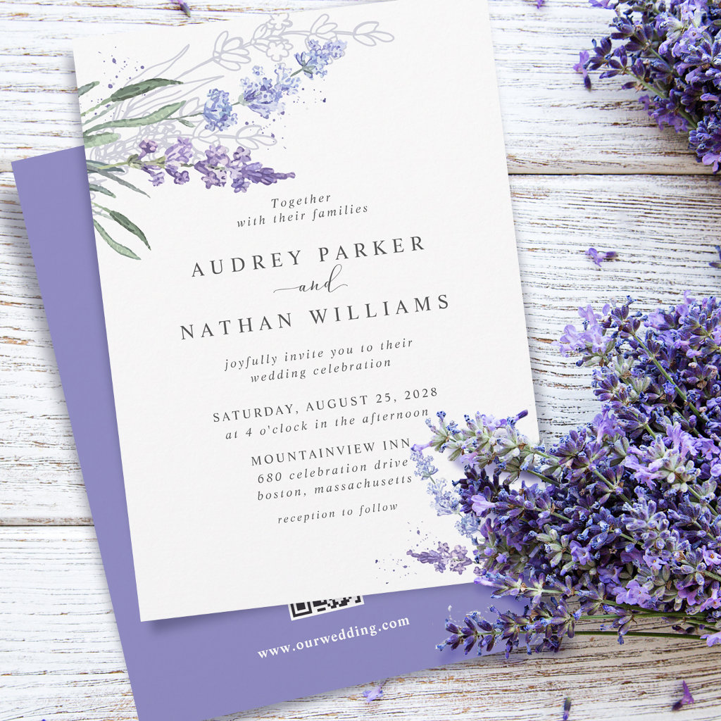 Romantic Watercolor Lavender Floral w/ QR Code Invitation