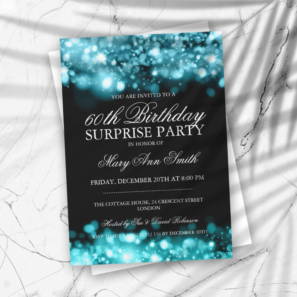 Surprise Birthday Party Turquoise Sparkling Lights Invitation