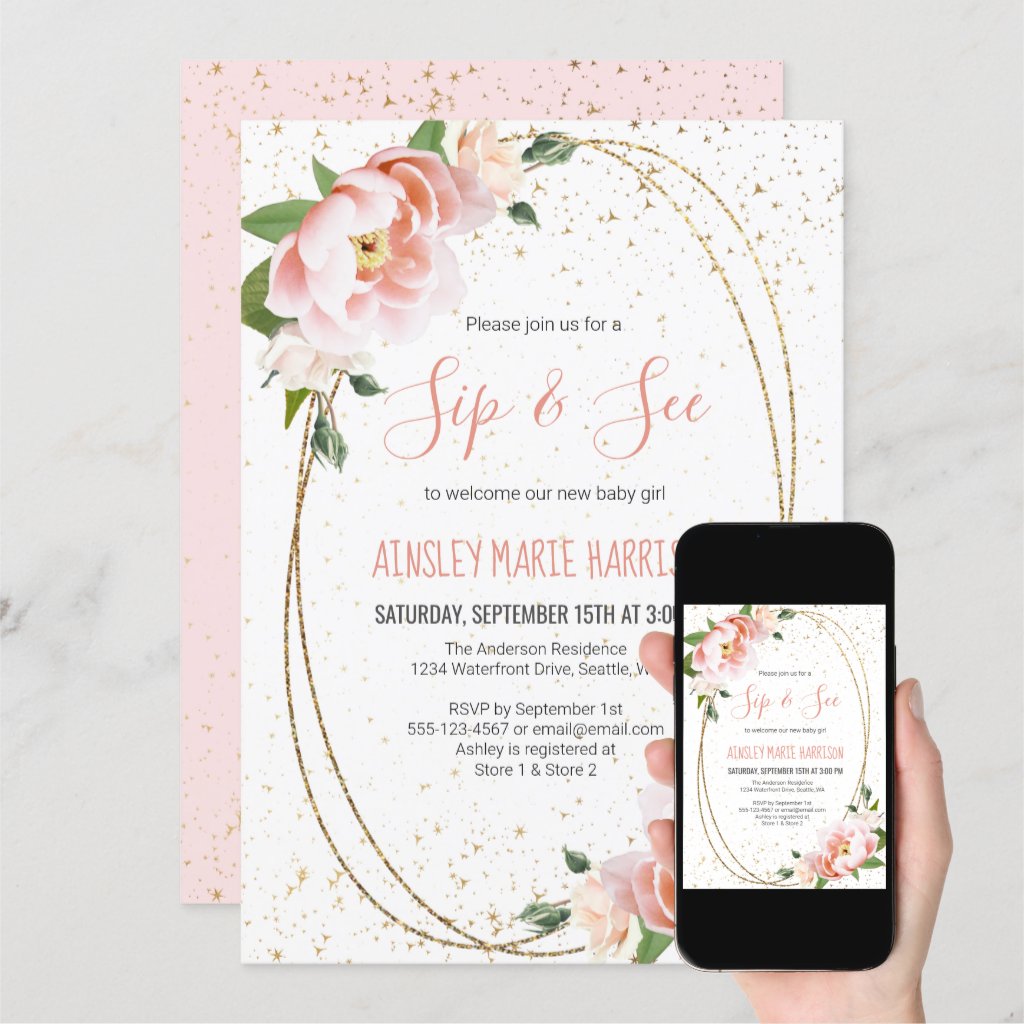 Gold Blush Floral Sip & See Baby Girl Shower Invitation