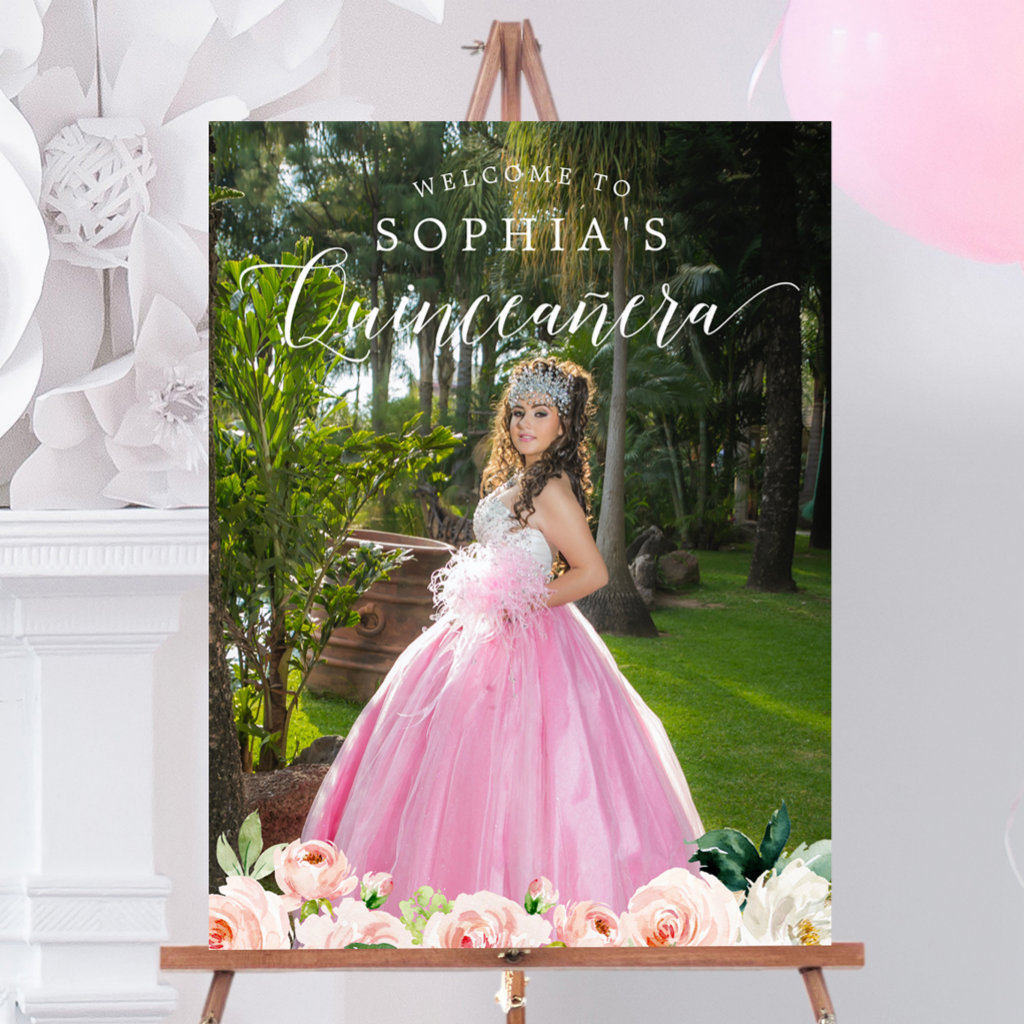 Quinceanera Elegant Floral Welcome Sign with Photo