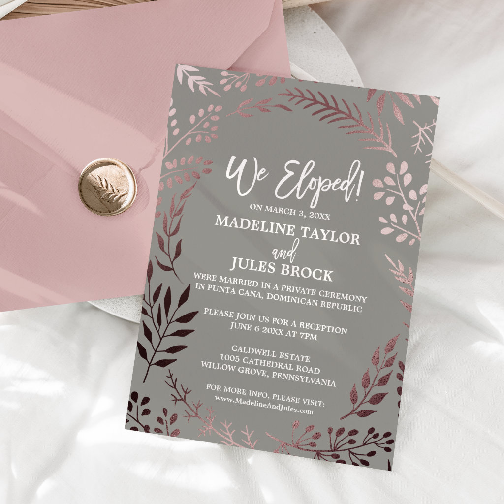 Elegant Rose Gold and Gray Elopement Reception Invitation
