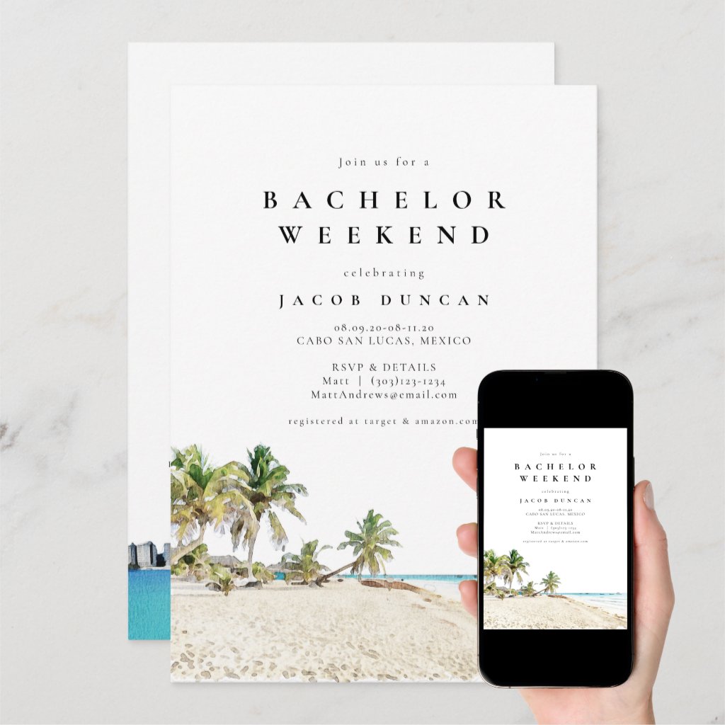 Watercolor Cancun Mexico Beach Tropical Bachelor Invitation