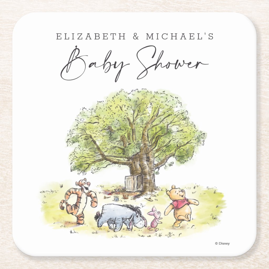 Pooh & Pals Watercolor Baby Shower Square Paper Coaster