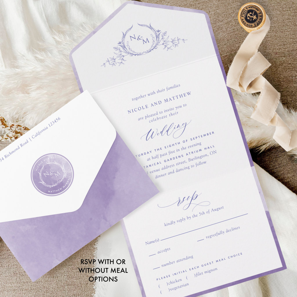 Elegant Monogram Lavender Lilac Watercolor Wedding All In One Invitation