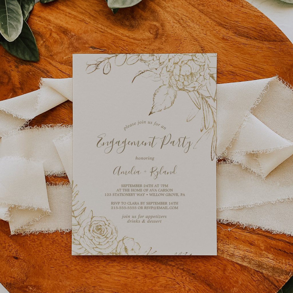 Gilded Floral | Cream and Gold Engagement Party Invitation