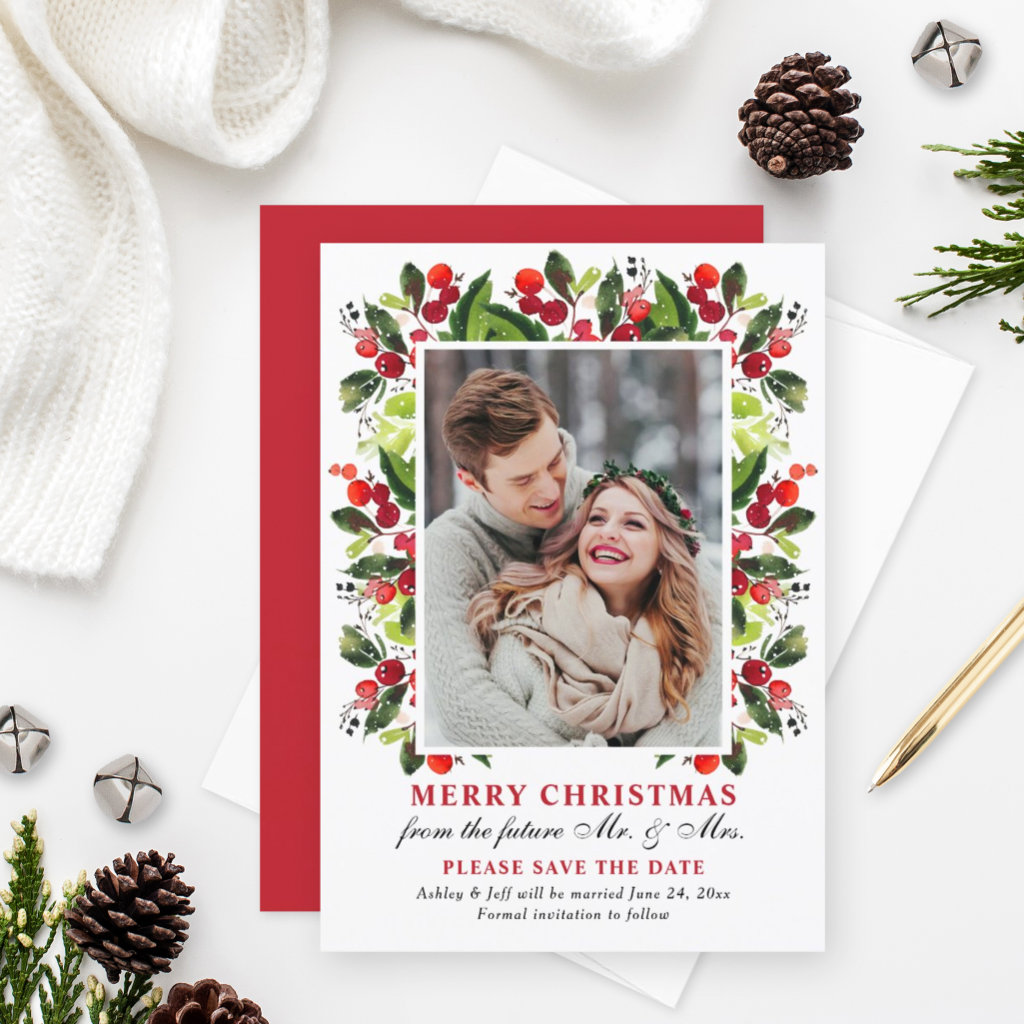 Merry Christmas Red Wedding Save the Date Photo Holiday Card