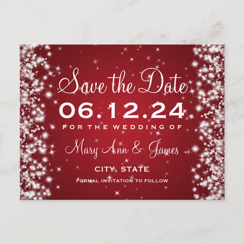 Elegant Save The Date Winter Sparkle Red Announcement Postcard