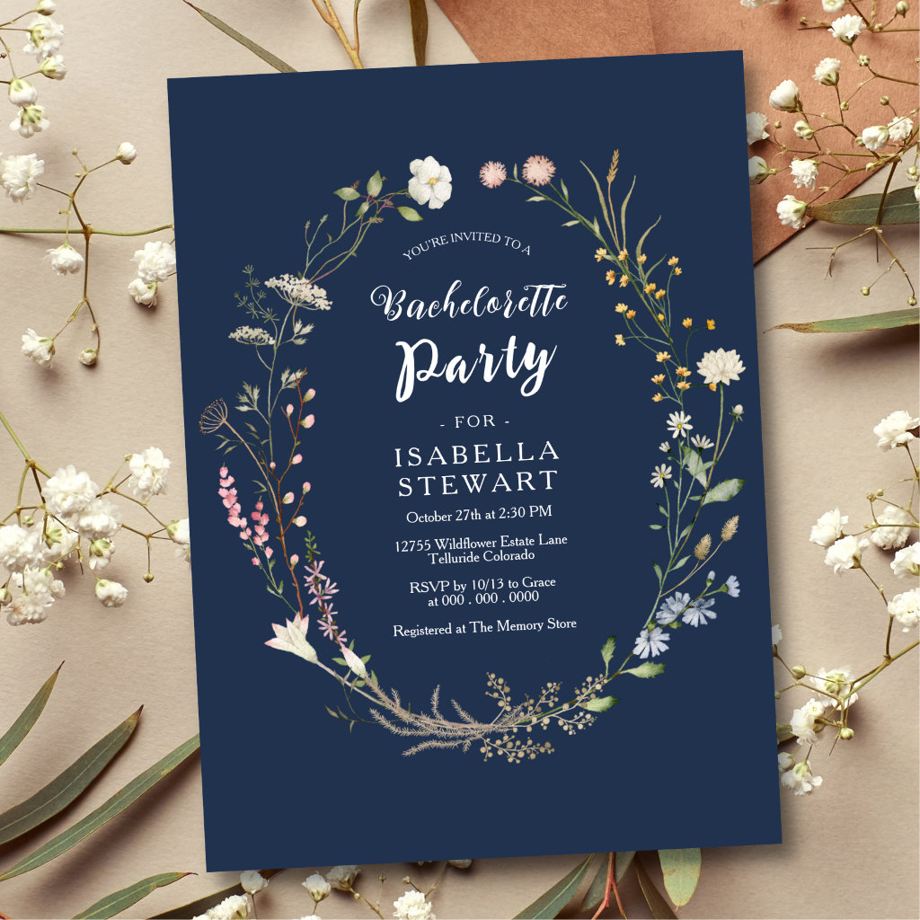 Navy Watercolor Wildflower Bachelorette Party Invitation