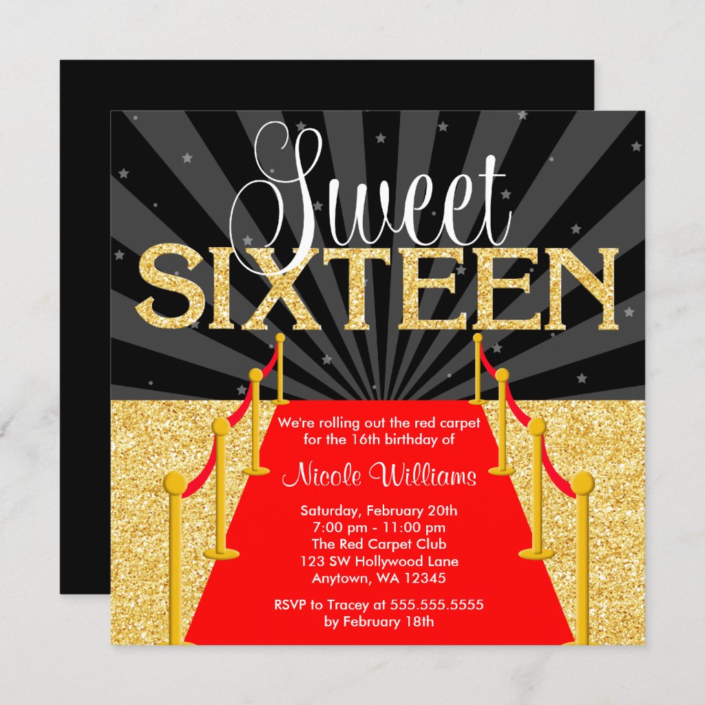 Red Carpet Gold Glam Hollywood Sweet 16 Birthday Invitation