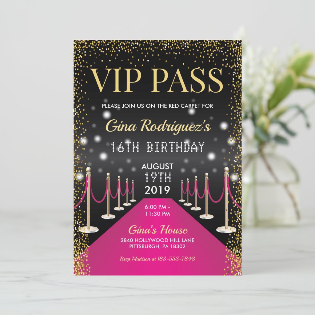 Pink VIP Pass Hollywood Red Carpet Birthday Invitation