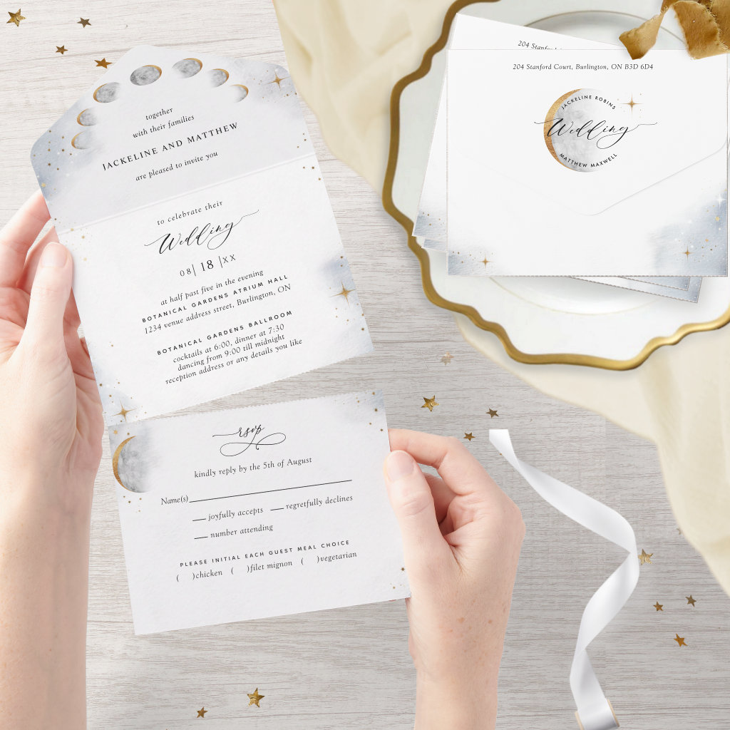 Elegant Celestial Moon and Stars Wedding All In One Invitation