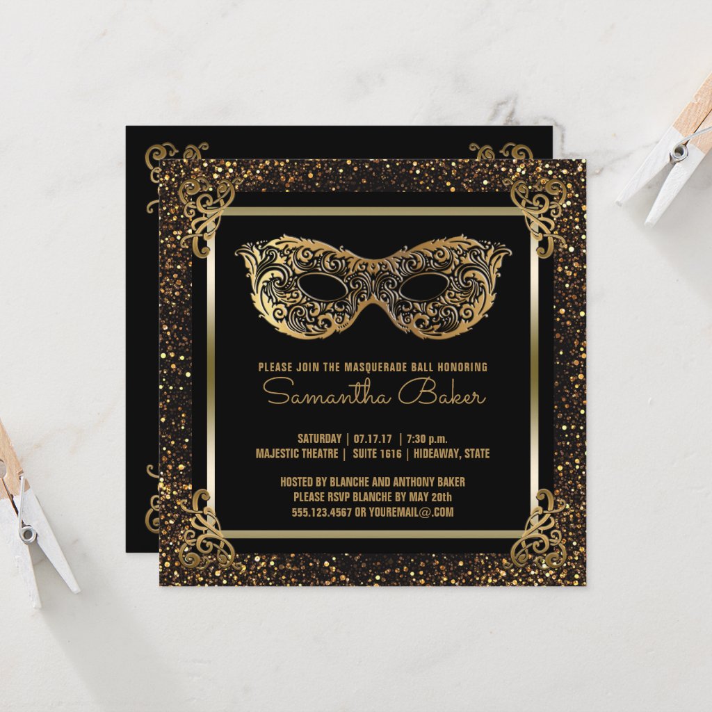 Sweet 16 Masquerade Party | Sweet Sixteen Gold Invitation