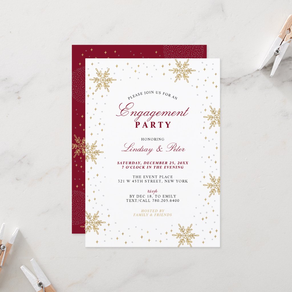 Gold & Red Winter Christmas Engagement Party Invitation