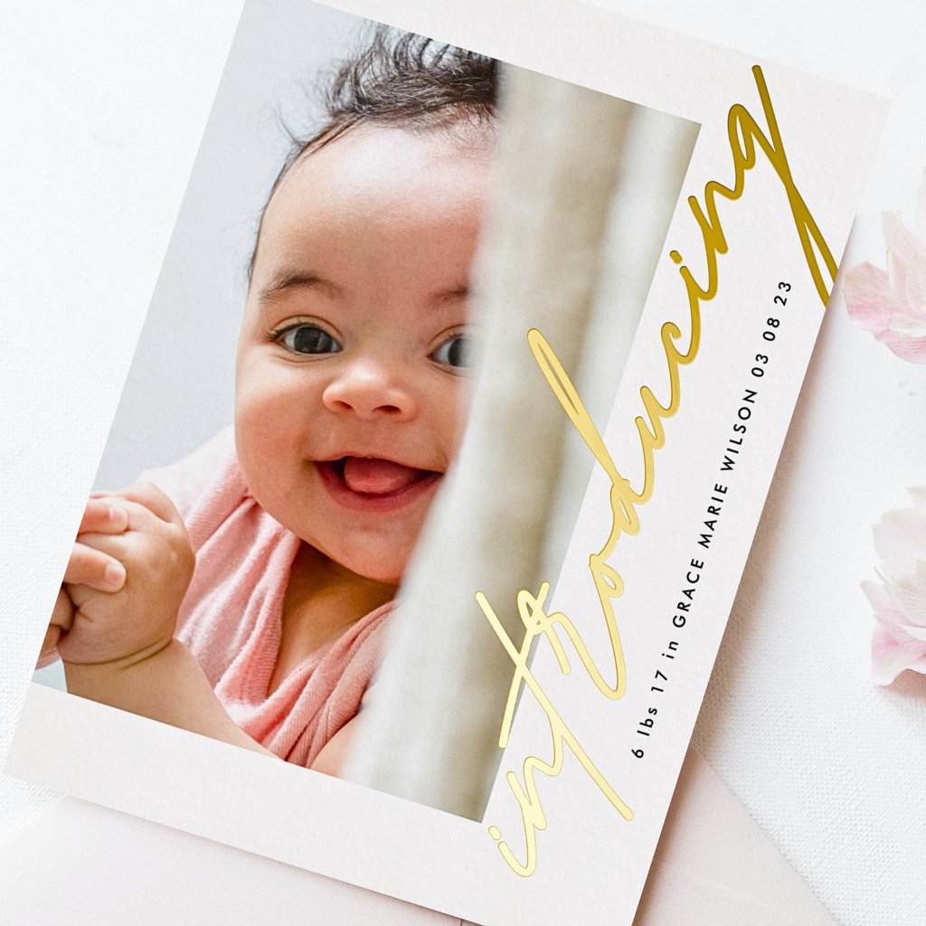 Gold Introducing Written Photo Baby Announcement