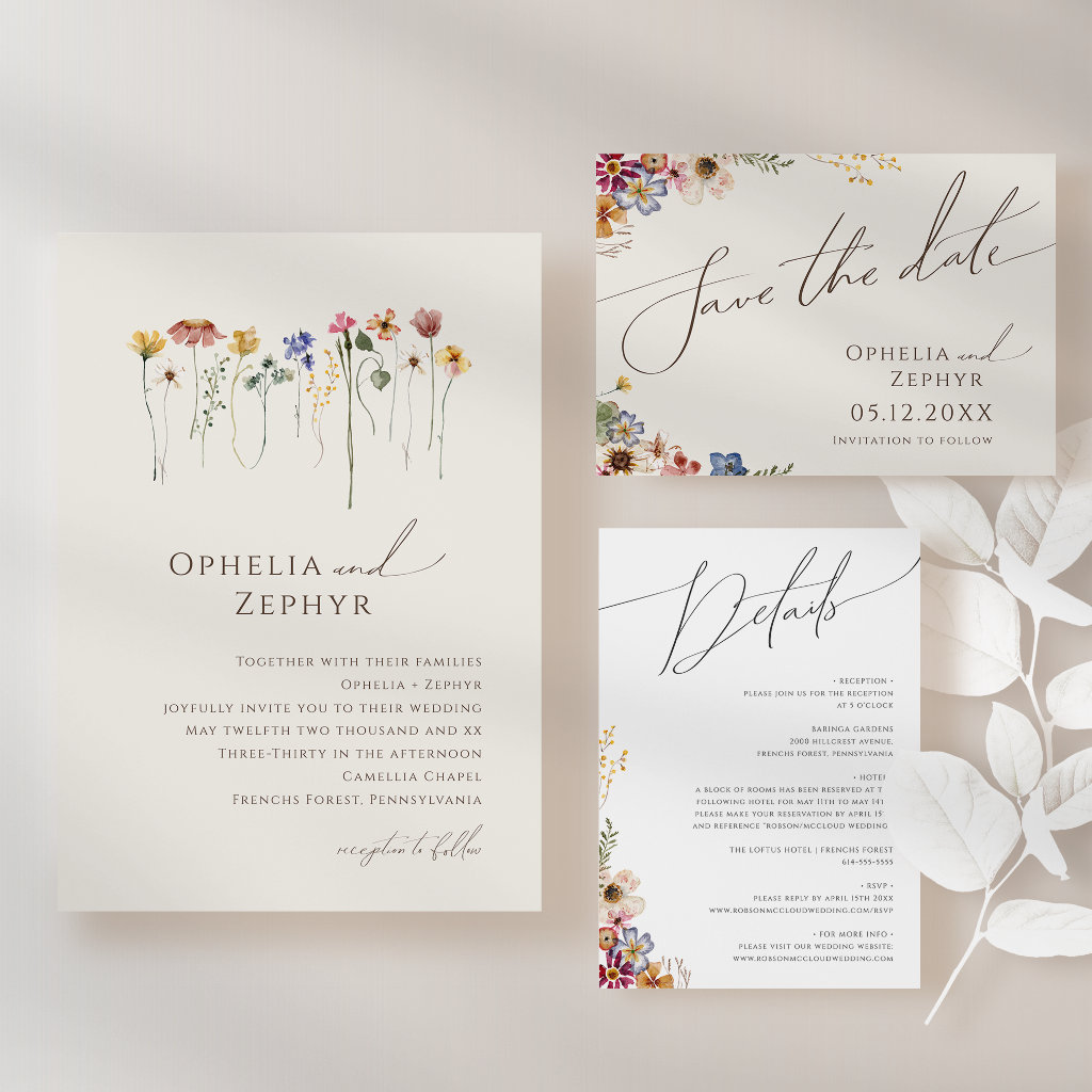 Colorful Wildflower Beige Monogram Photo Wedding Invitation