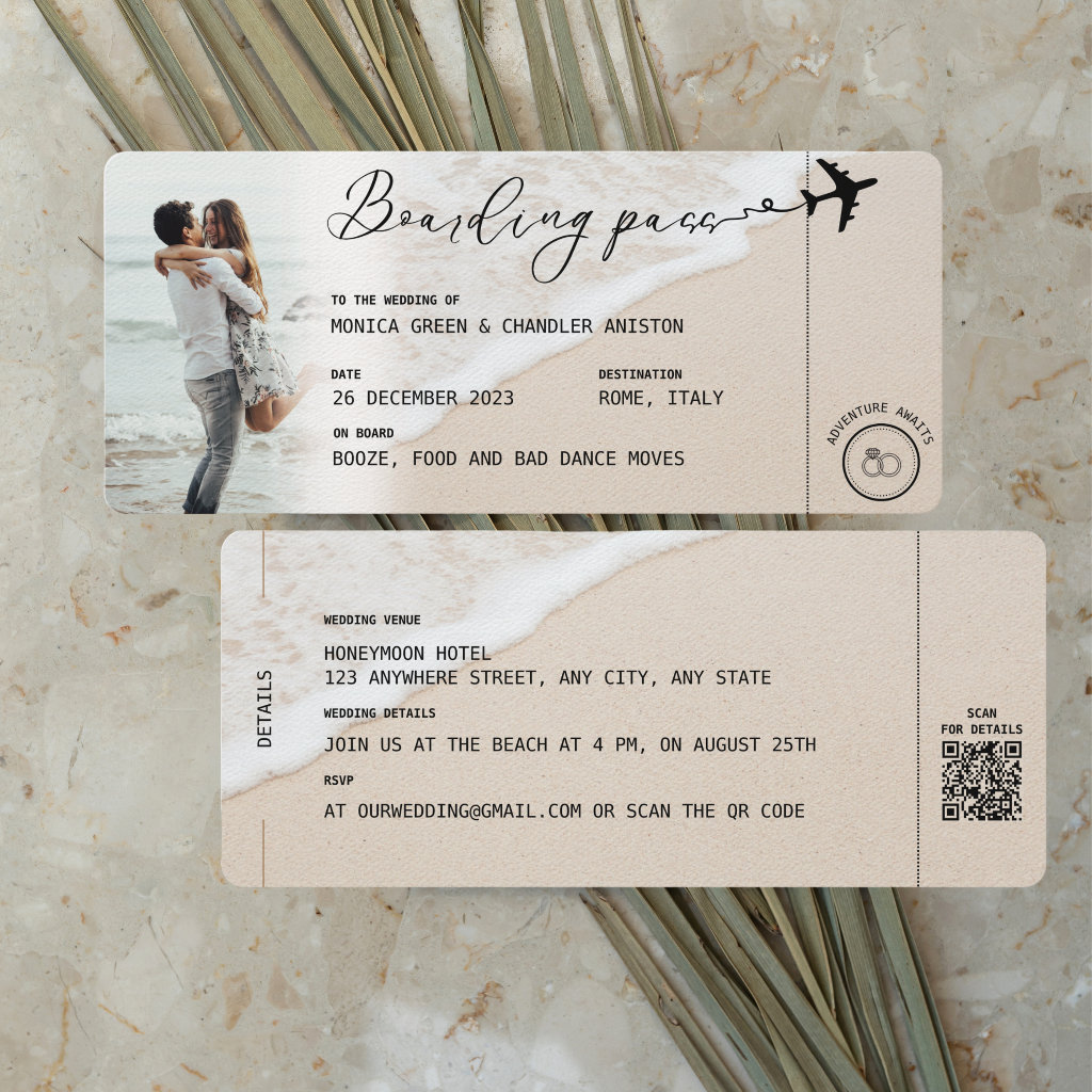 BEACH Boarding Pass Destination Wedding QR code Invitation