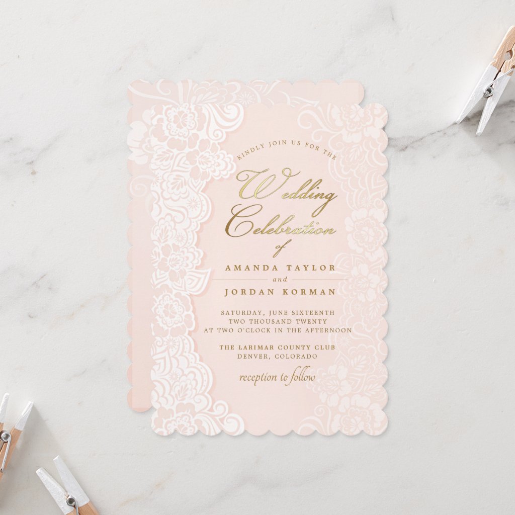 Blush Pink Floral Lace Wedding Invitation