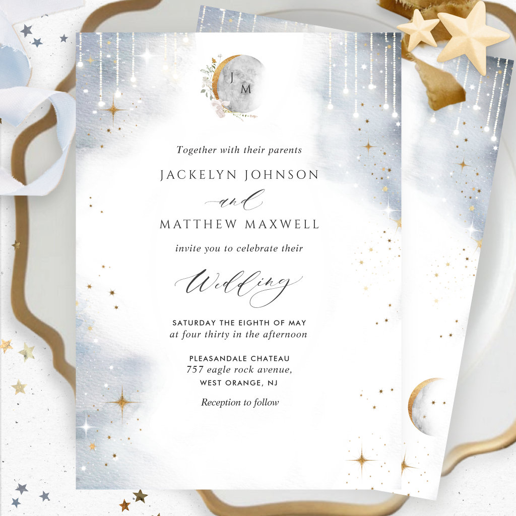 Elegant White Gold Silver Celestial Starry Wedding Invitation