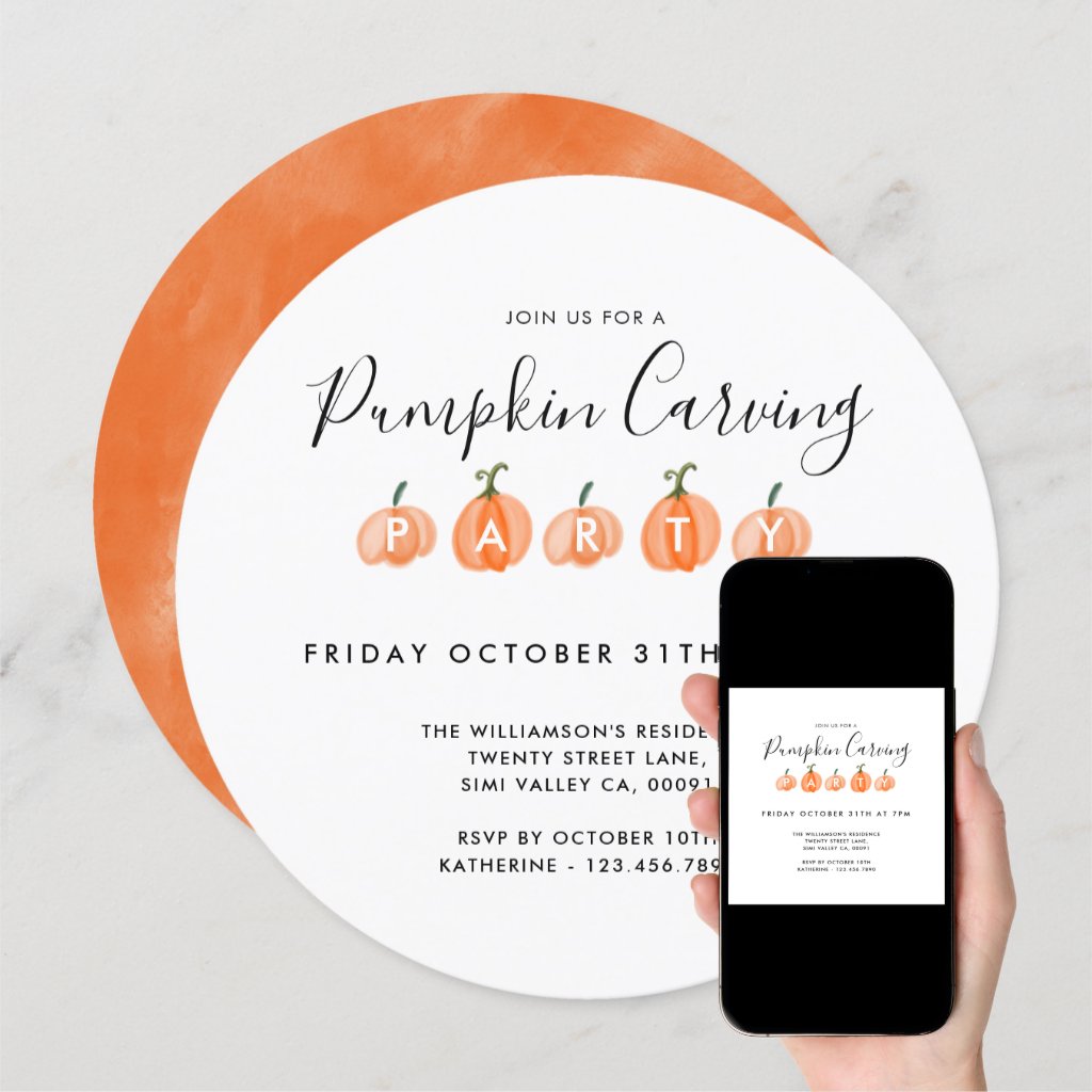 Modern Watercolor Pumpkin Carving Halloween Party Invitation