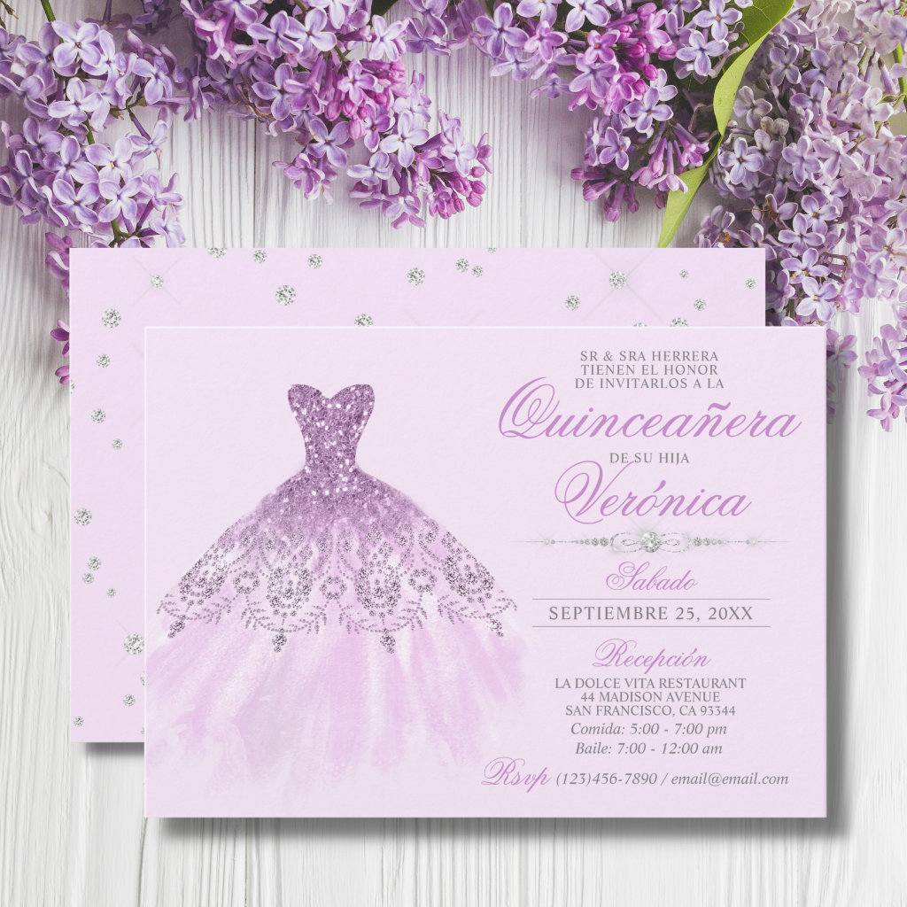 Elegant Spanish Quinceañera Mis Quince Purple Invitation
