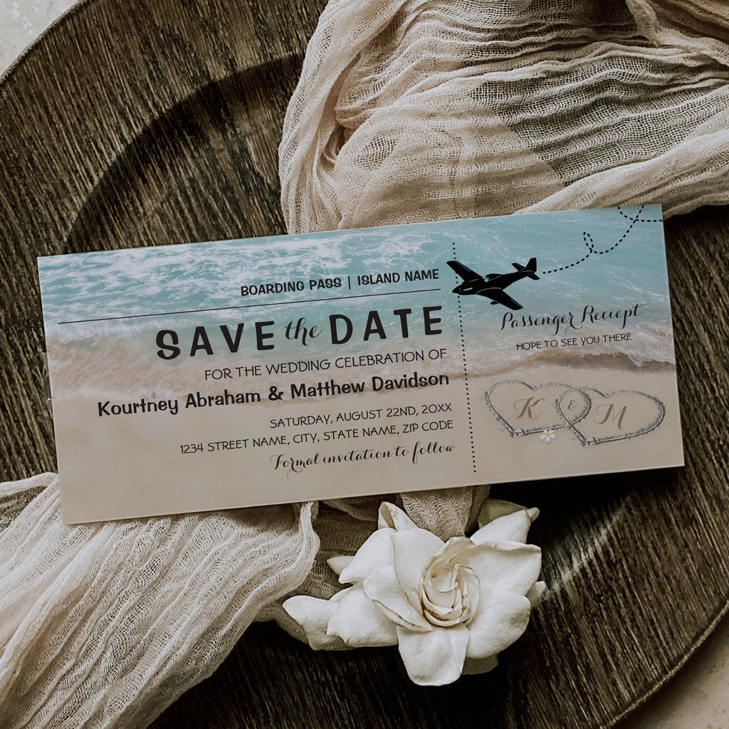Save the Date Tropical Beach Hearts Boarding Pass