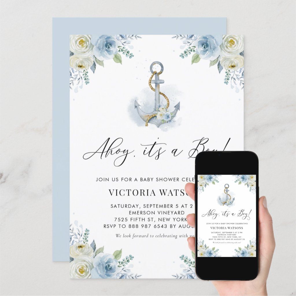 Ahoy It's a Boy Anchor Floral Nautical Baby Shower Invitation