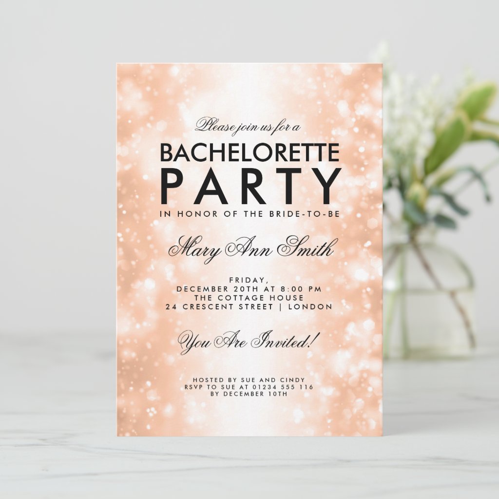 Bachelorette Party Rose Gold Shimmer Lights Invitation