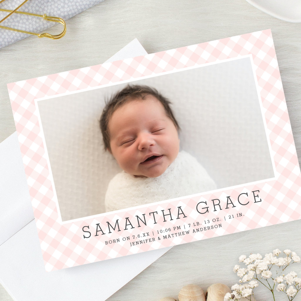 Sweet Pink Gingham Pattern | Birth Announcement