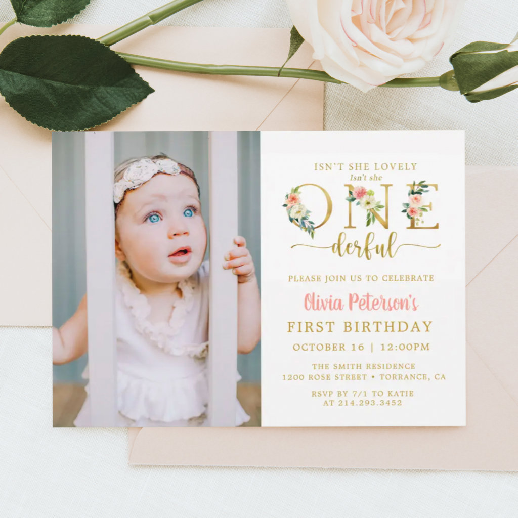 Girl Floral Isn't She Onederful 1st Birthday Photo Invitation