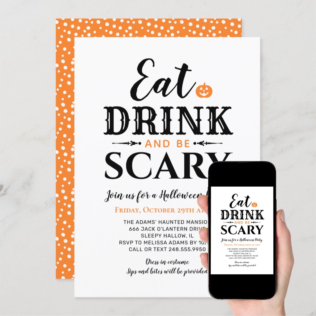 Eat Drink and Be Scary Halloween White Typography Invitation