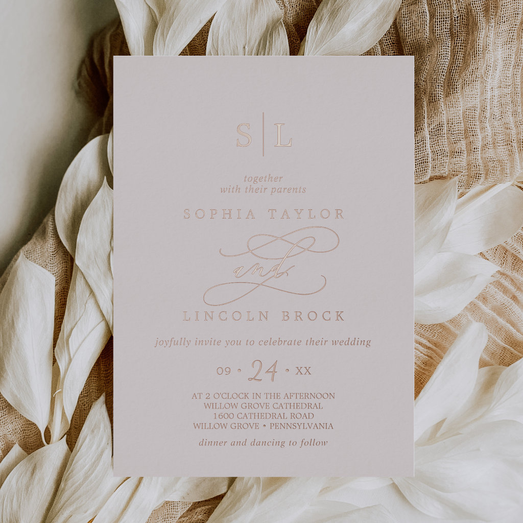 Romantic Rose Gold Foil | Blush Monogram Wedding Foil Invitation
