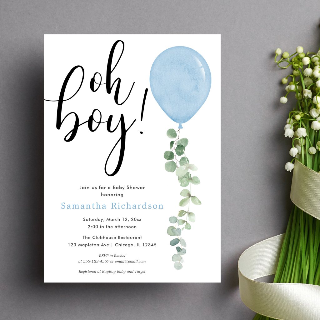 Oh Boy balloon greenery eucalyptus baby shower Invitation
