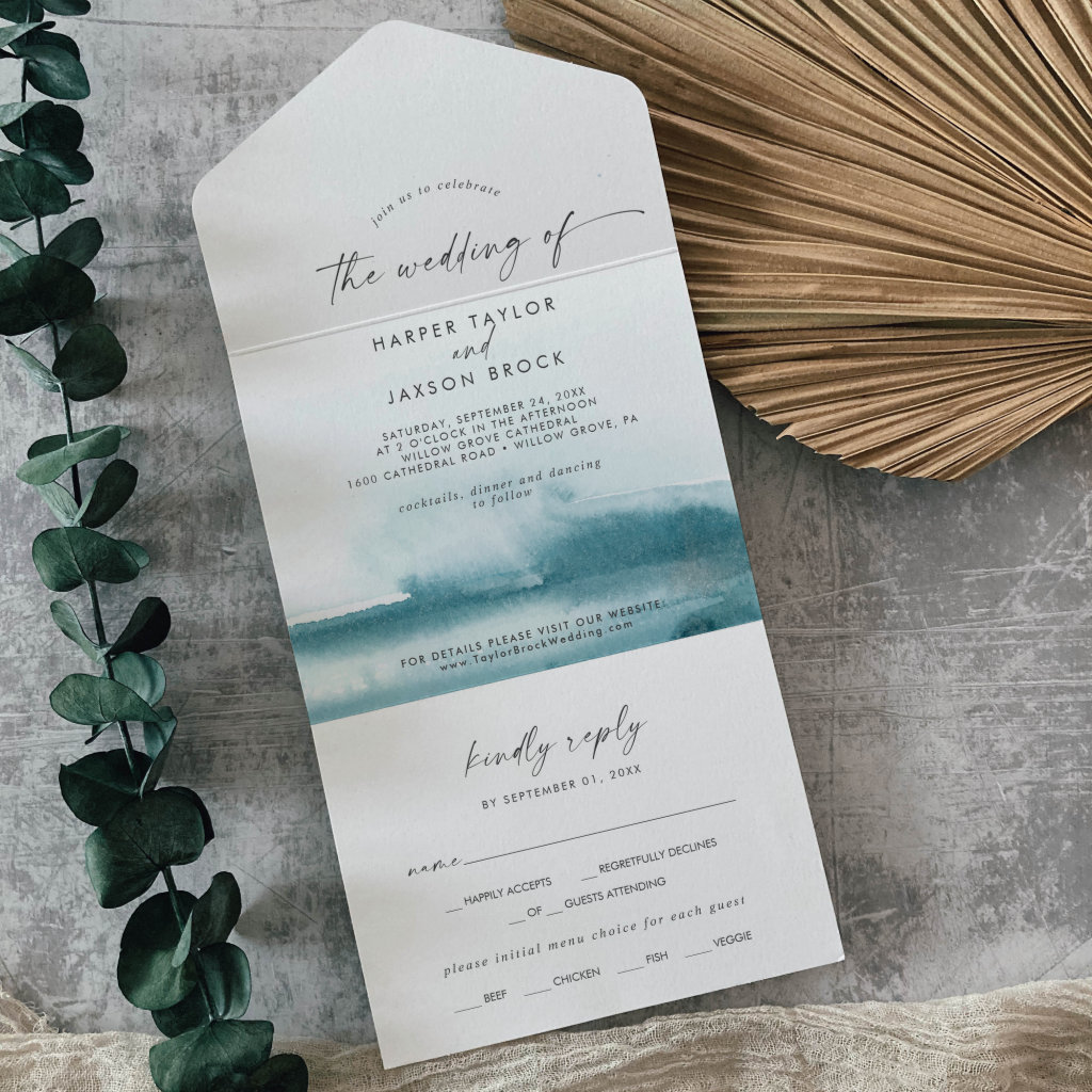 Modern Watercolor | Teal Wedding All In One Invitation