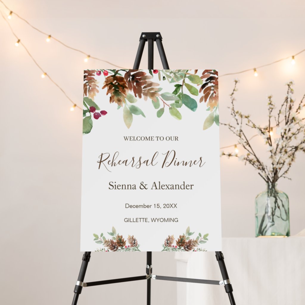 Winter Greenery Pine Rehearsal Dinner Welcome Sign