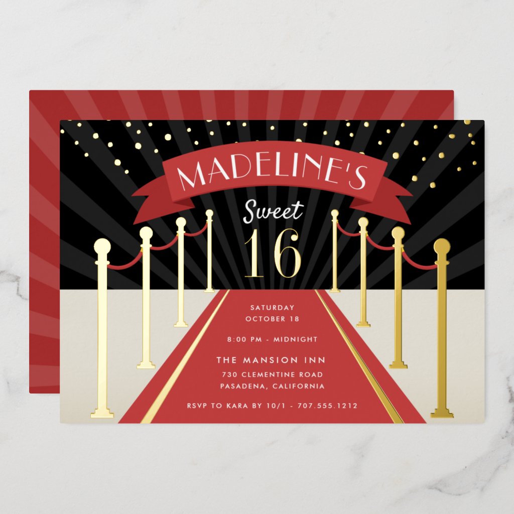 Hollywood Red Carpet Movie Theme Sweet 16 Gold Foil Invitation