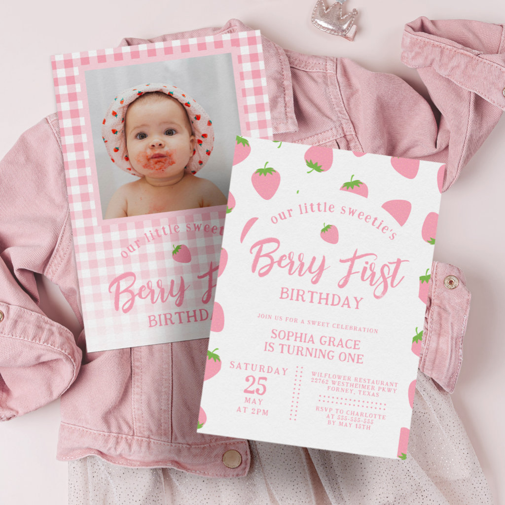 Pink Strawberry Photo Berry First 1st Birthday Invitation