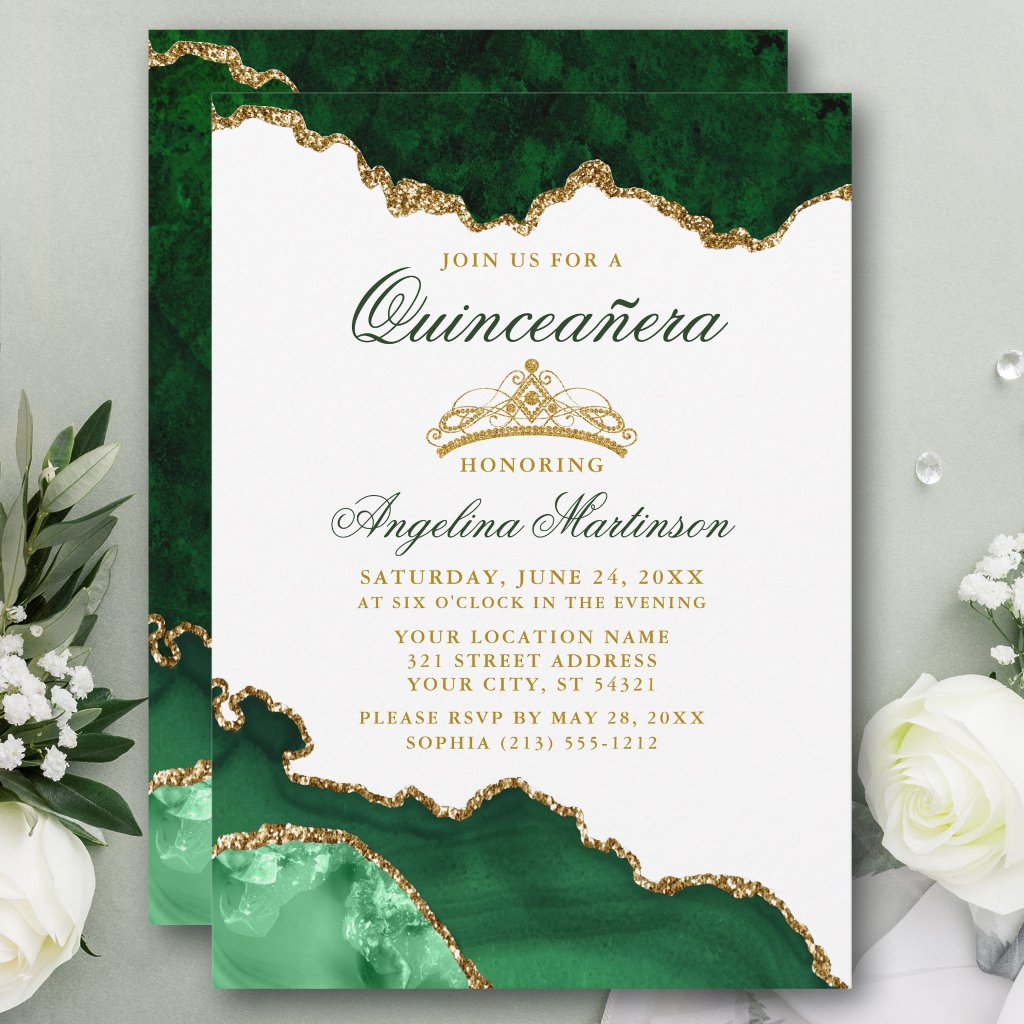 Quinceanera Green Marble Gold Crown Invitation