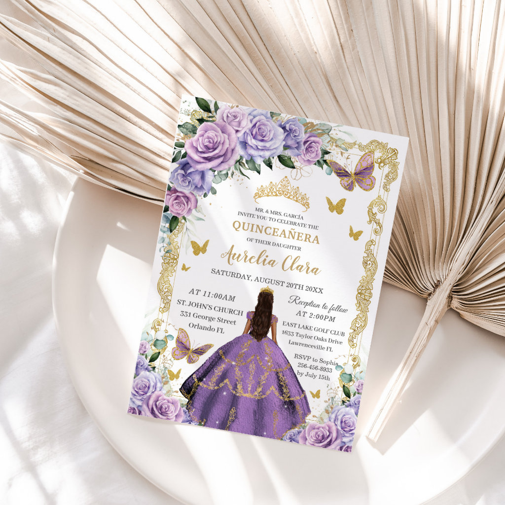 Quinceañera Purple Lilac Rose Floral Gold Princess Invitation