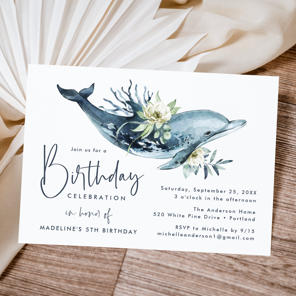 Watercolor Dolphin & White Floral Birthday Party Invitation